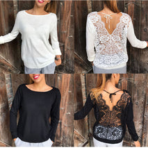 Sexy Lace Stitching Open Back Mesh T-Shirt Women
