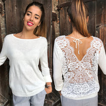 Sexy Lace Stitching Open Back Mesh T-Shirt Women