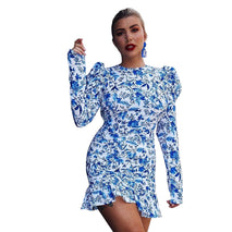Women's lace-up long-sleeve printed slim dress