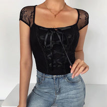 Lace stitching sexy strappy t-shirt women