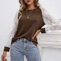 Hollow Lace Stitching Long-sleeved Round Neck T-shirt Women