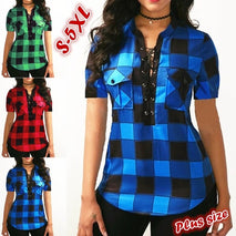 Summer Women's Lace-up Short-sleeved Plaid Shirt
