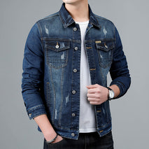 Dark Blue Front Pocket Trucker Fit Denim Jacket - Fashion Men's Simple Lapel Denim Jacket