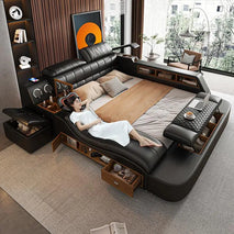 Luxury Multifunctional Smart Bed with Leather Upholstery and Storage - King/Queen Size with Massage Features