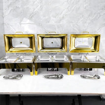 Gold Catering Equipment Buffet Heating Pots Set Stainless Steel Round Chafing Dish with Glass and Metal for Hotel Use