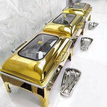 Buy Gold Catering Equipment Buffet Heating Pots Set Stainless Steel Round Chafing Dish with Glass and Metal for Hotel Use Wholesale B2B