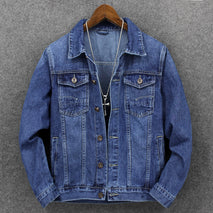 Dark Blue Front Pocket Trucker Fit Denim Jacket - Trendy Loose Coat Middle-aged Outer Jacket