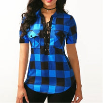 Summer Women's Lace-up Short-sleeved Plaid Shirt