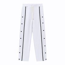 Men's White Contrast Piping and Popper Oversized Open Hem Cotton Trackpant