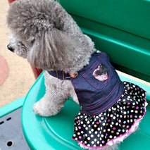Trendy Retail Lightweight Comfortable Adorable Pink Heart Sequin Polka Dot Blue Jeans Dog Puppy Overall Dress M